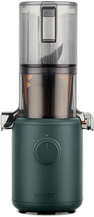 Centrifugeuse lente Hurom verte avec cuve transparente et foncée. Le panneau de commande est rond avec un bouton rotatif.