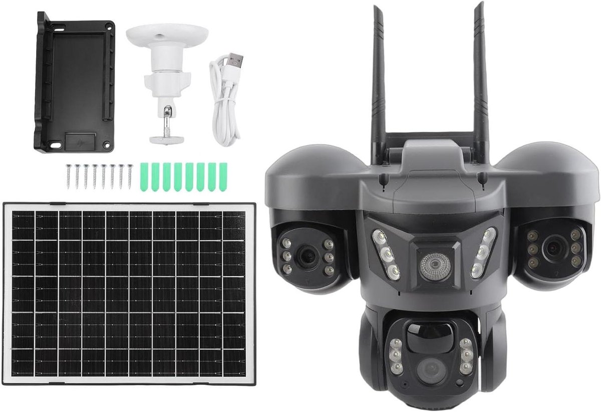 Solar Beveiligingscamera - Draadloze Camera Buiten - Huis Beveiligen - Drie Lenzen 6K Resolutie - 12MP - Wit