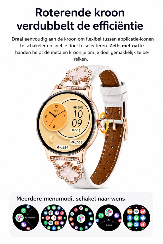 Hibousee Smartwatch voor Dames met Bluetooth Bellen, Gezondheid & Fitness Tracker – Stappenteller, Hartslagmeter, Slaapmonitor – iOS & Android - Incl 3 bandjes