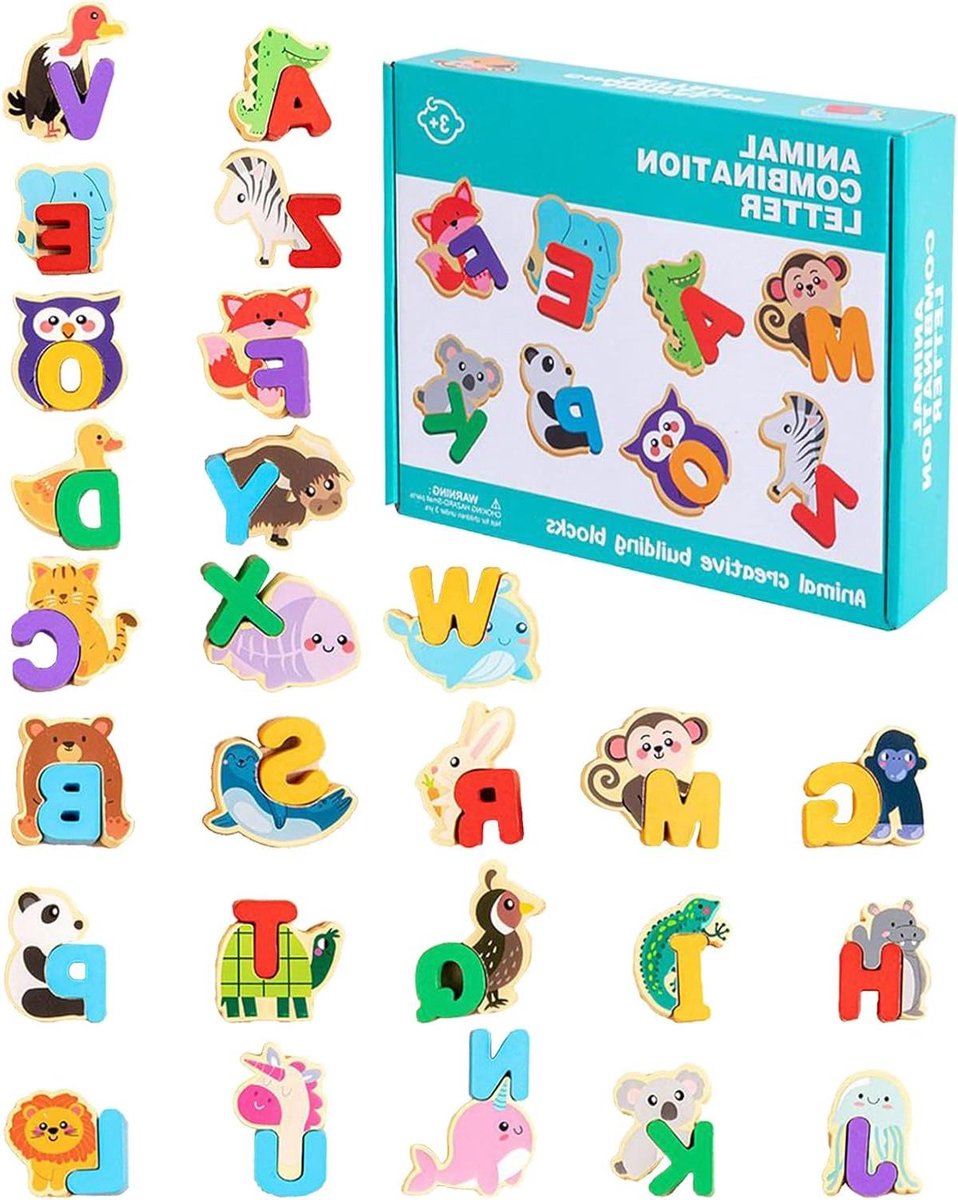 Alfabet Puzzels - Letter Puzzels - Kleuter Onderwijs - Houten Dieren Thema - 18 x 5 x 0.1 cm - Dier
