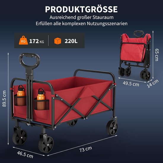 Opvouwbare Bolderkar - Tot 172 kg Draagkracht - Strandkar met 360° Draaibare Brede Wielen - Voor Camping, Tuin, Festival & Strand - rood — afbeelding 4