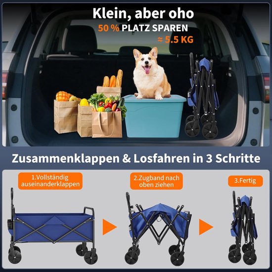 Opvouwbare Bolderkar - Tot 172 kg Draagkracht - Strandkar met 360° Draaibare Brede Wielen - Voor Camping, Tuin, Festival & Strand - Blauw van Merkloos — afbeelding 5