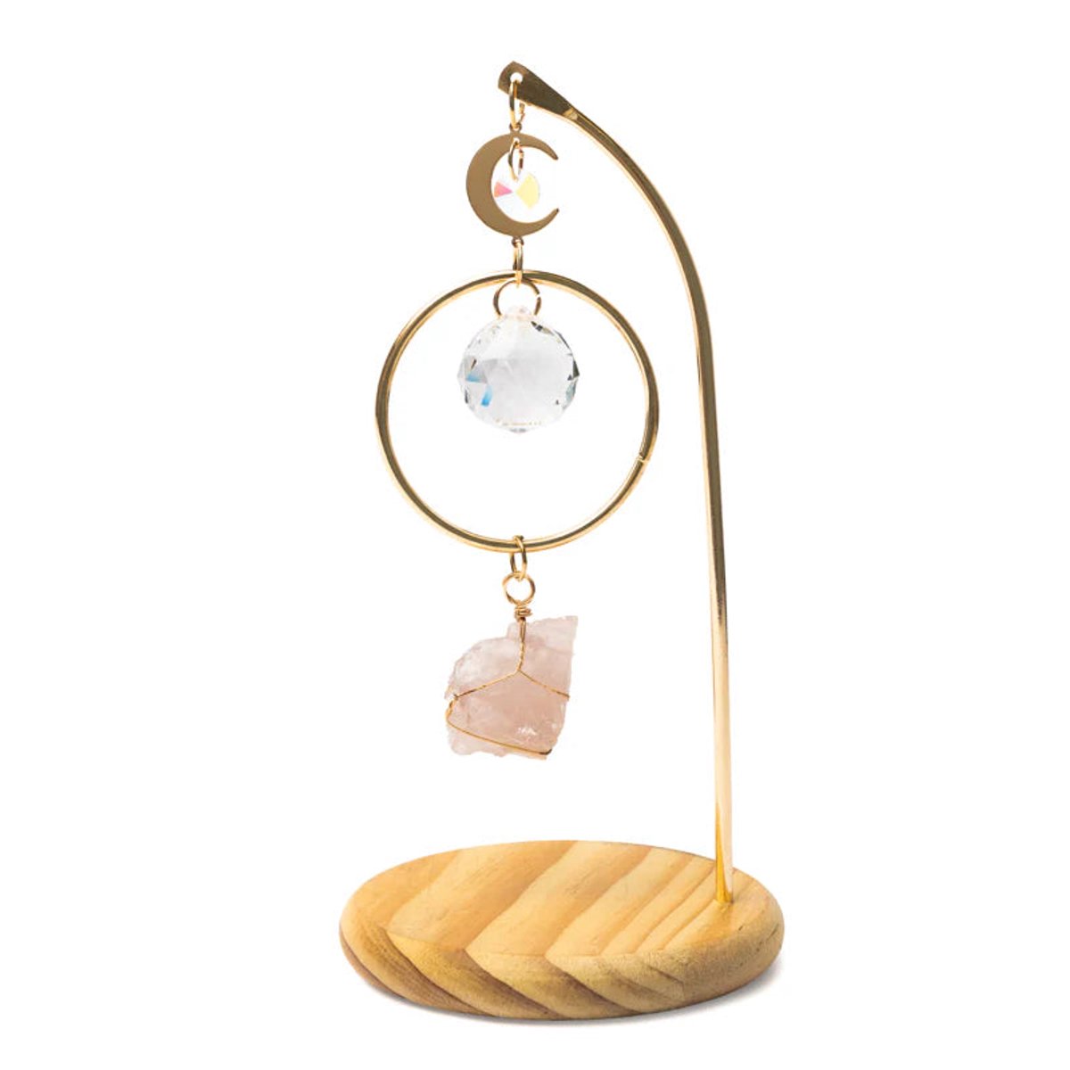 Phoenix Import Mani Bhadra Regenboogkristal suncatcher op houten voet met maan met rozenkwarts goud