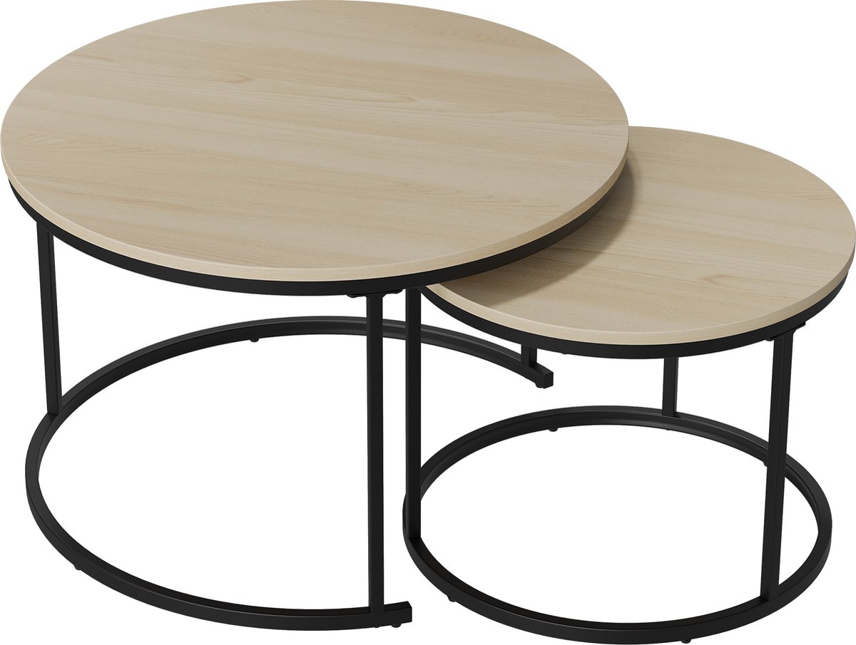 Salontafel Set van 2 – Bijzettafels / Nesttafels - Rond – 70x70x45 & 50x50x40 cm – Moderne Bijzettafels - Geschikt voor de woonkamer, slaapkamer en het balkon - Licht Eiken Hout