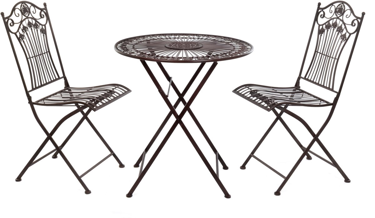 Moritz Bistroset 3-delig inklapbaar Antiek Bruin – Metalen klaptafel Ø 69,5 cm met 2 klapstoelen – Vintage tuinset voor balkon terras tuin – nostalgisch café-design