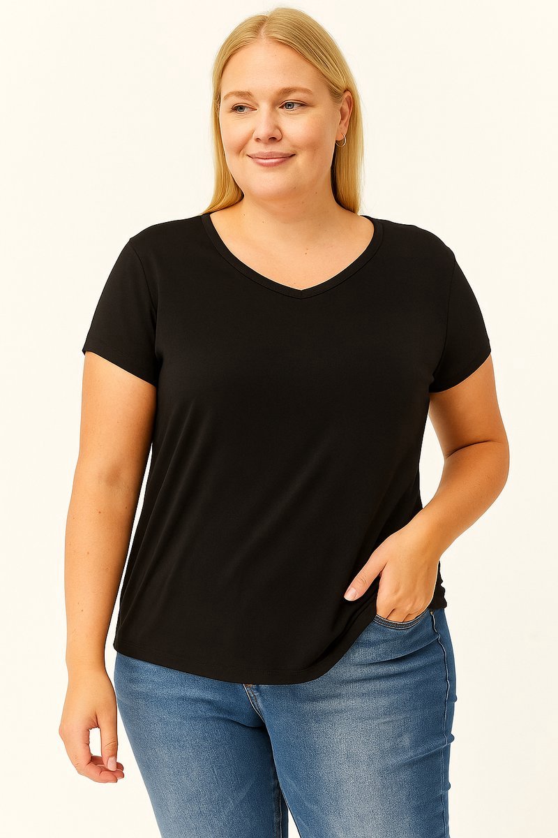 Dames 7XL V-Hals Basic Kortemouw - Zwart Grote Maat Blouse