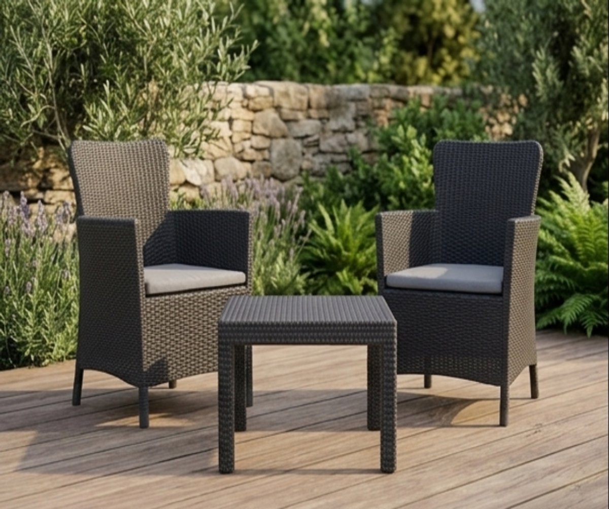 Salvador Graphit 3-delige Tuinset – Moderne Kunststof Tuinmeubelset met 2 Stoelen en Tafel – Weerbestendige Lounge Eetset voor Balkon, Tuin & Terras – Grijs - IndustroHome
