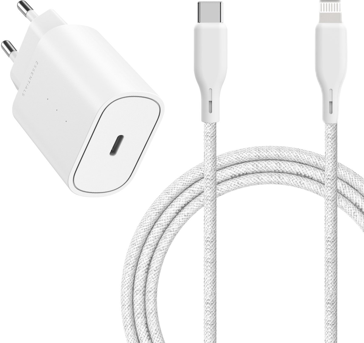 Ëssentials by Upström - USB-C - Snellader met MFi USB-C naar Lightning Kabel 2,5m – 25W - PD & PPS Oplader – Voor iPhone 14/13/12/11/XR/XS/X, AirPods & iPad – Extra Sterk, Braided & Gerecycled