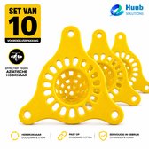 Drie gele hoornaarvallen met verstevigde randen en open, rasterachtige middenstukken, op de voorgrond.
