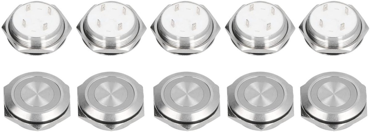 aladdien - Momentary Pushbutton Switch - RVS met LED - 5 Stuks - Auto Reset - Normaal Open Switch - Geschikt voor Elektronica - 25mm