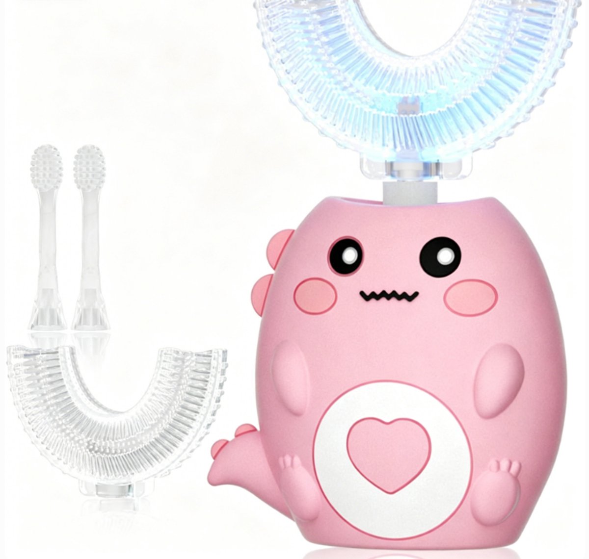 Elektrische U-vormige tandenborstel voor kinderen, sonische automatische tandenborstel, met 4 opzetborstels, 3 reinigingsstanden, cartoon dinosaurus, IPX7 waterdicht (roze, geschikt voor kinderen van 7-12 jaar)