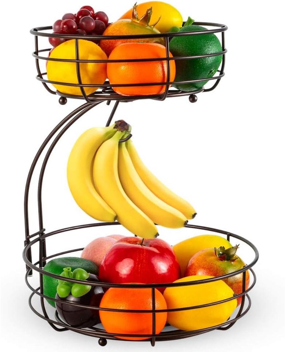 GELLDG Fruitschaal - Etagere Fruitmand met Bananenhanger - 28x28x38.5cm - Multifunctionele Opbergmand in Staand Ontwerp - Geschikt voor Keuken en Eetkamer - Metaal - Zwart