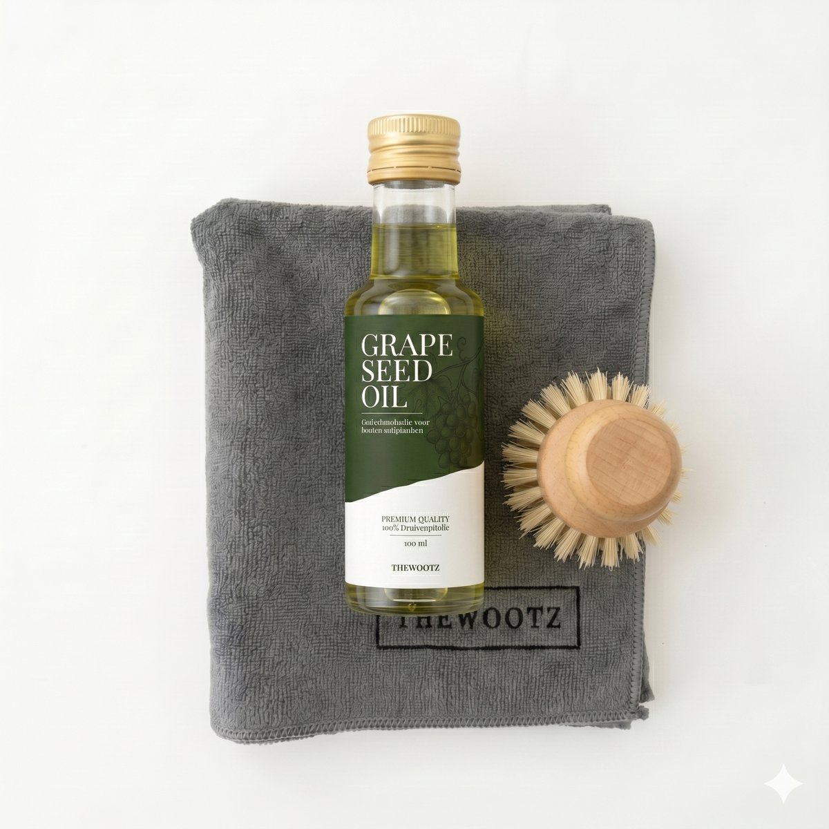 TheWootz Onderhoudspakket Snijplank – 100% Druivenpitolie 100ml + Doek + Borstel – Compleet Onderhoud voor Houten & Bamboe Snijplanken