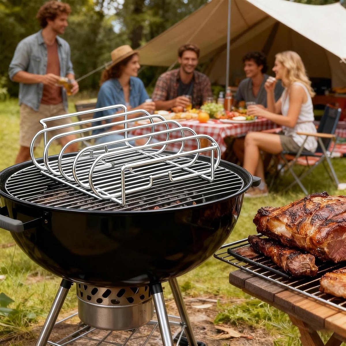 Ribbenrek Grill - Vleeshouder - Gelijkmatig Grillen - Verticale Structuur - 4 Sleuven - Zilver