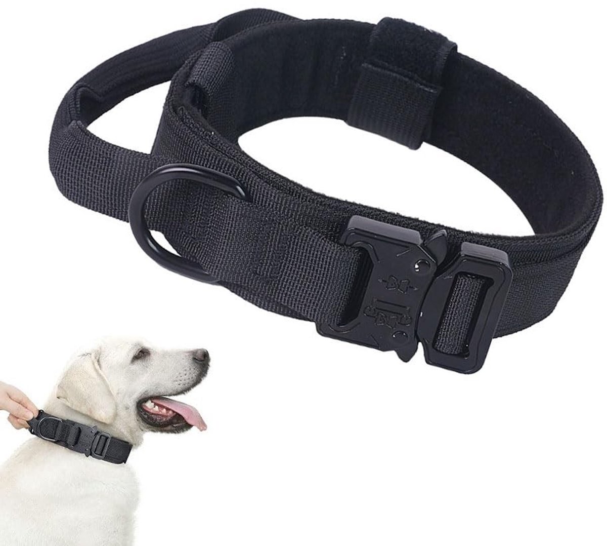Verstelbare Tactical Hondenhalsband met Handgreep & Bungee Hondenriem - Zwart - M(XL)