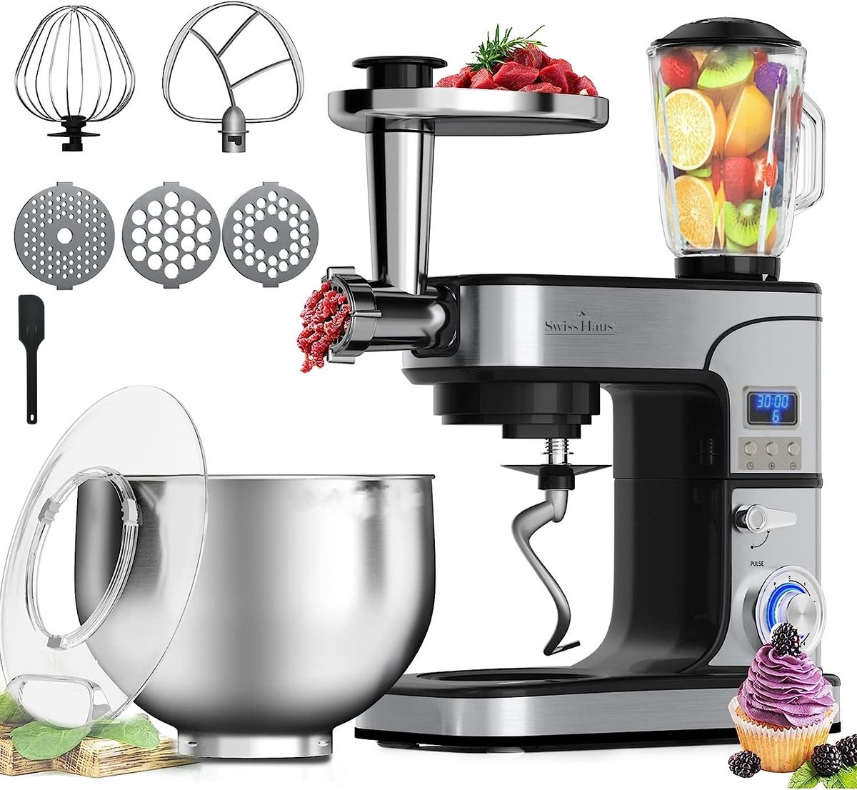 Swiss Haus® KM2206BG Keukenmachine 1300W – 6L RVS Mengkom – Keukenrobot met Timer & LED Display – Foodprocessor met Blender 1.5L & Vleesmolen – 6 Snelheden + Pulse – RVS — afbeelding 1