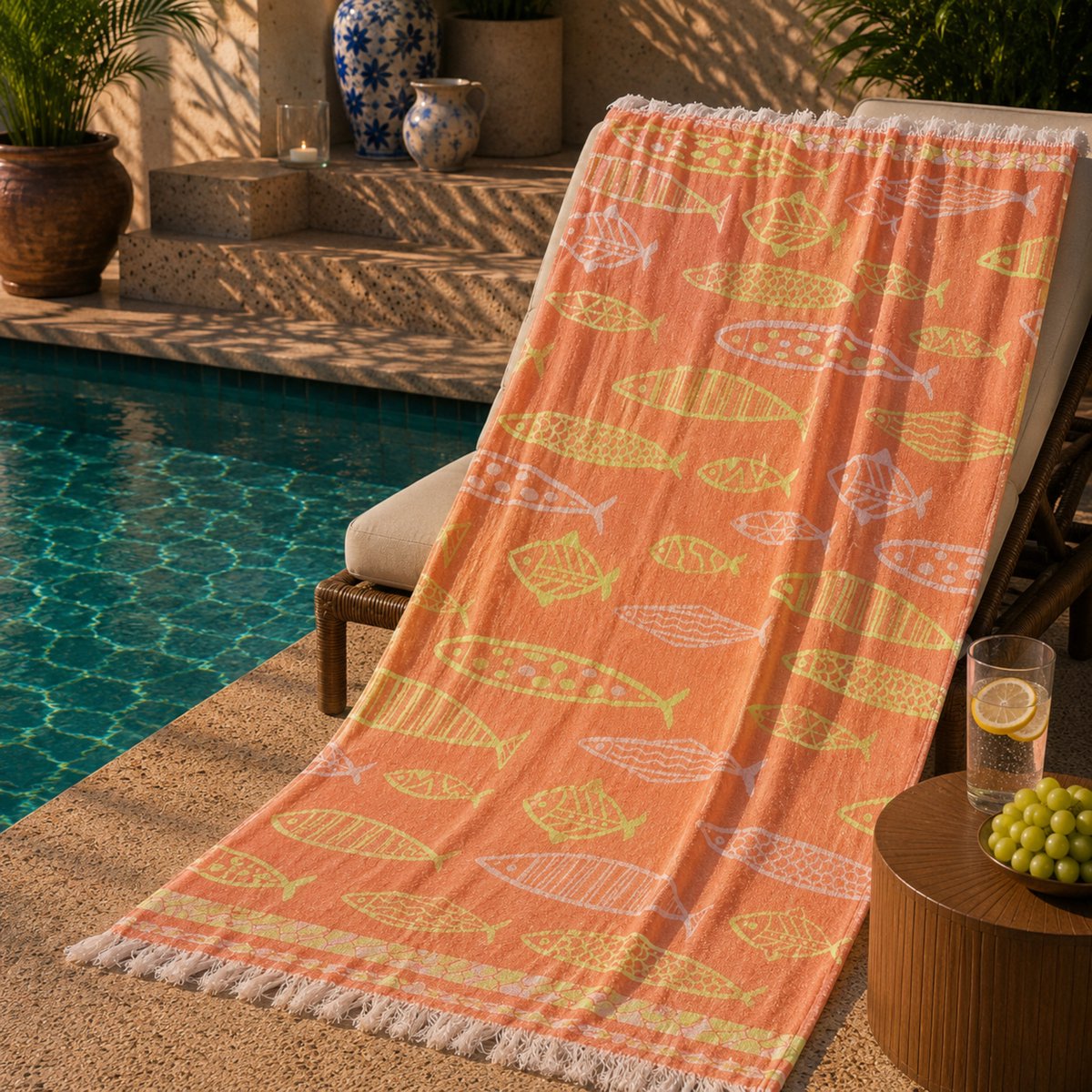Jacquard Strandlaken Peshtemal 100x180 cm – Dubbelzijdig Design met Twee Kleuren – Geverfd Garen – 100% Natuurlijk Katoen – Lichtgewicht, Sneldrogend & Zandvrij – Ideaal voor Strand, Sauna en Reizen