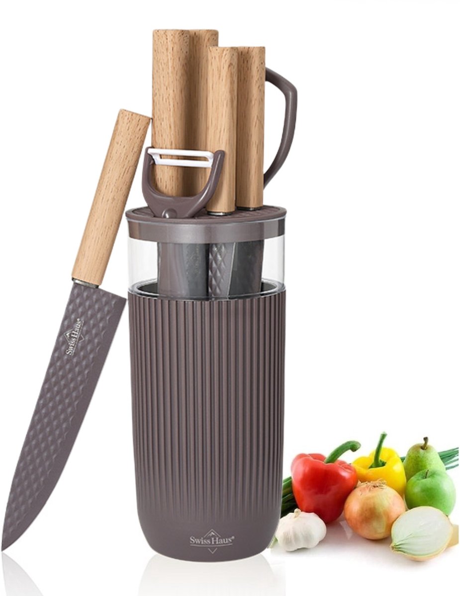 Swiss Haus® KS8T Messenset Met Blok – 8 Delige Professionele Keukenmessen Set - Inclusief Schaar & Dunschiller – Antiaanbaklaag – Paars