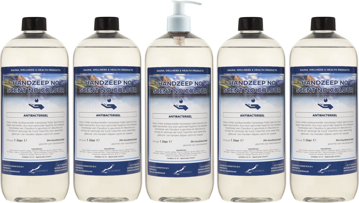 Handzeep No Scent No Colour 1 liter - set van 5 stuks - met gratis pomp - Voordeelverpakking