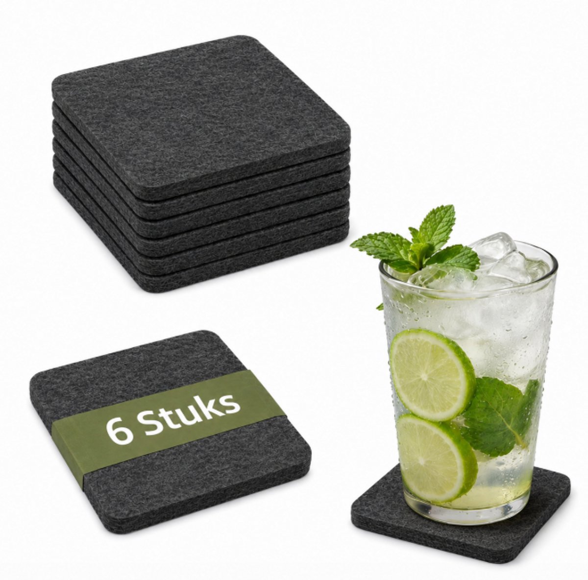 Vilten Glasonderzetters 6-delig met Houder – 10x10 cm – Donkergrijs