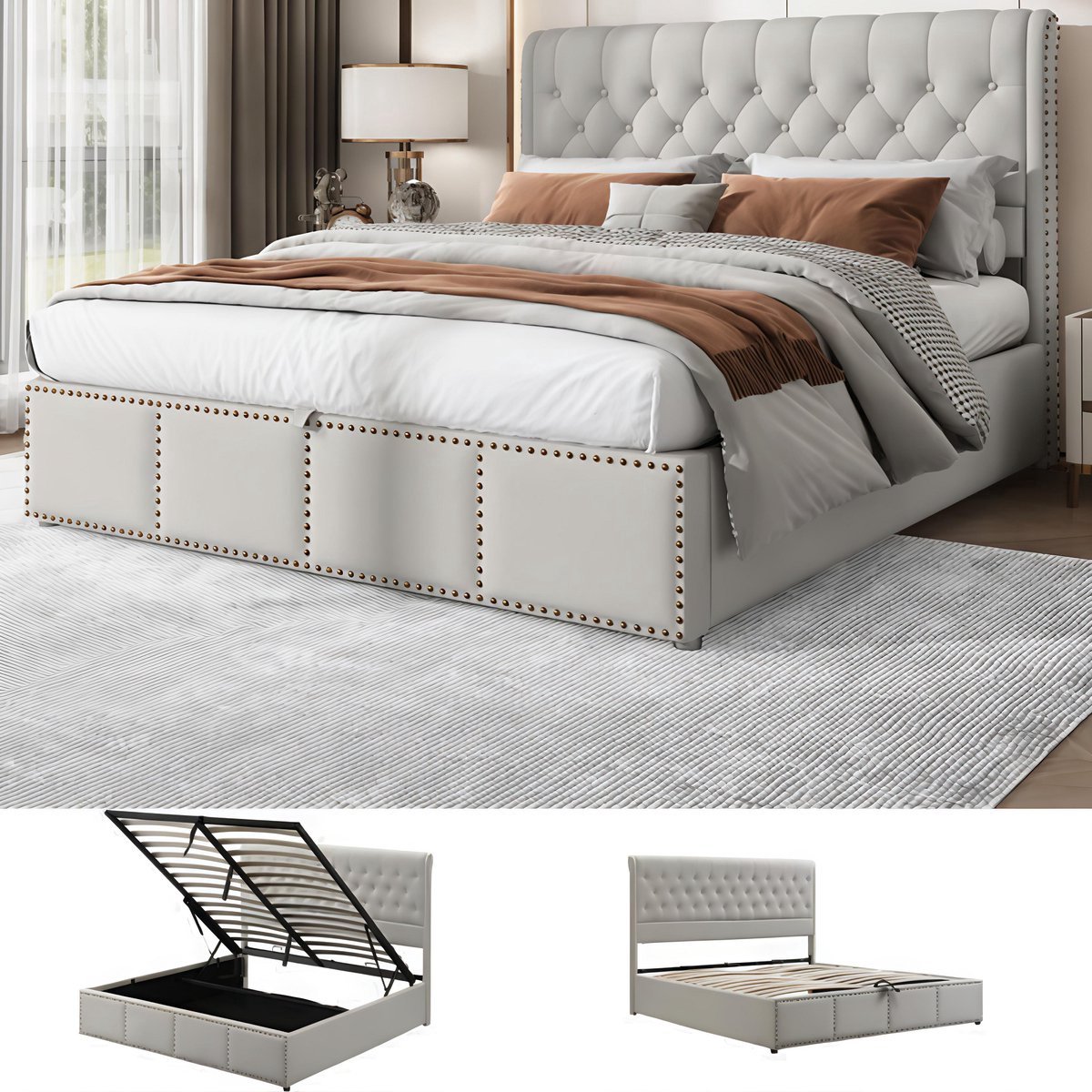 VVBV Bed met opbergruimte 160x200 / Gestoffeerd bed 160x200 / Tweepersoonsbed 160x200 – Matras Niet Inbegrepen – met Lattenbodem – Linnen – Lichtgrijs gris clair