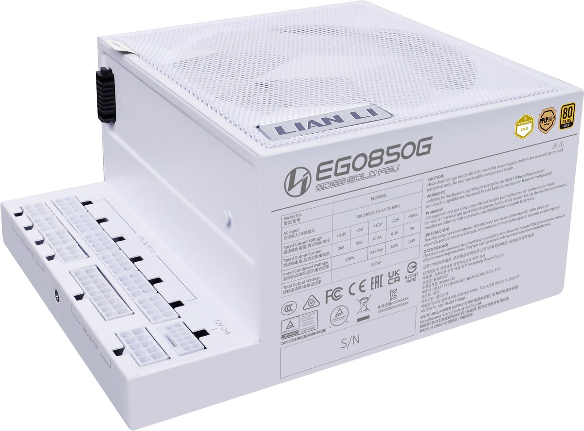 Lian Li Edge Gold 850W White - ATX12V 3.1 - 80 Plus Gold - 850 Watt - Modulair - Actieve PFC - PCIe 5.1 - L-vormig ontwerp - wit