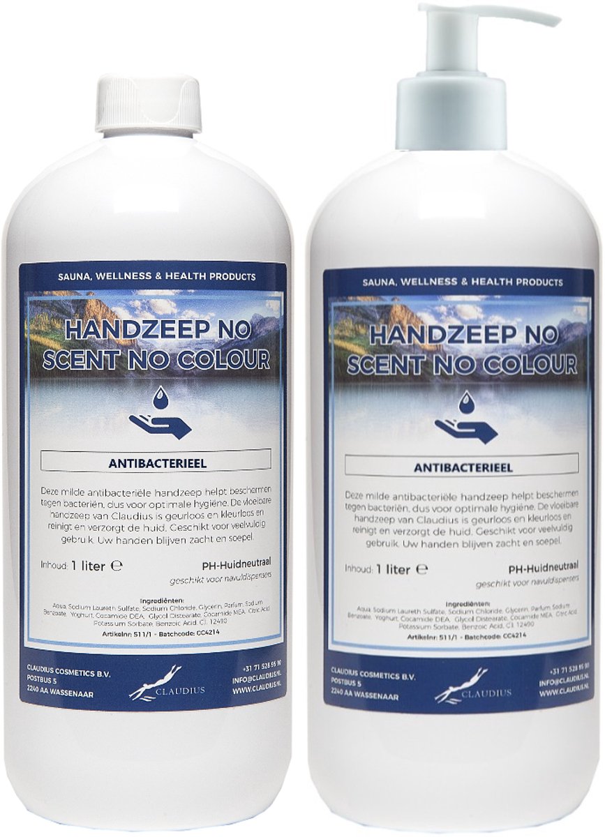 Handzeep No Scent No Colour 1 liter - set van 2 stuks - met gratis pomp - Voordeelverpakking