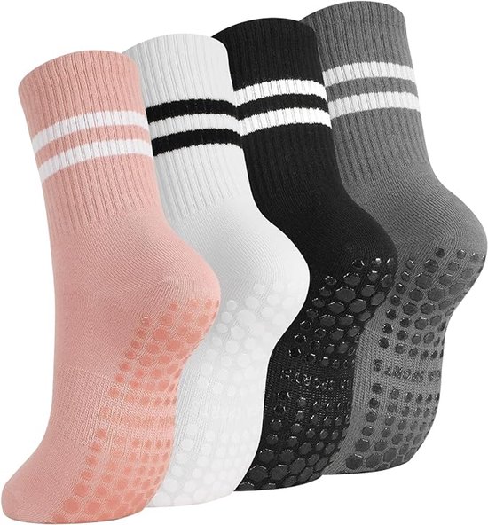 4 paar pilatessokken voor dames, katoenen yogasokken 38-42- antislipsokken met noppen- antislip- comfortabel-ademend- cadeaus voor vrouwen- mama- zwangere vrouwen-ziekenhuis-Roze, zwart, wit, donkergrijs