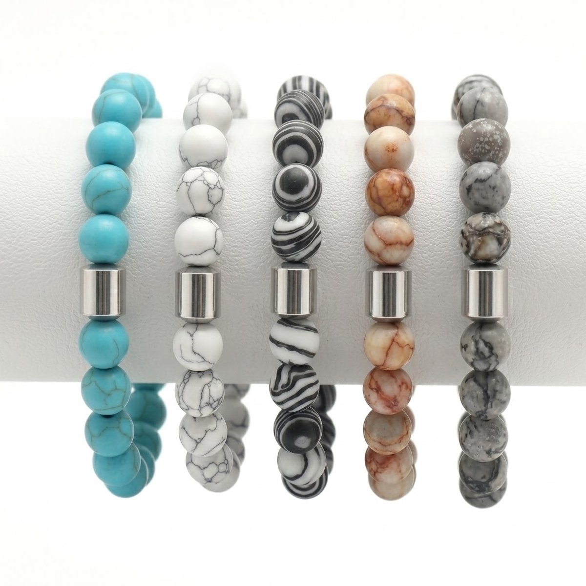 5-delige Natuursteen Armbanden set – Voor Heren en Dames Elastische Kralenarmbanden – Handgemaakt – Marmer, Howliet, Turkoois & Zandsteen