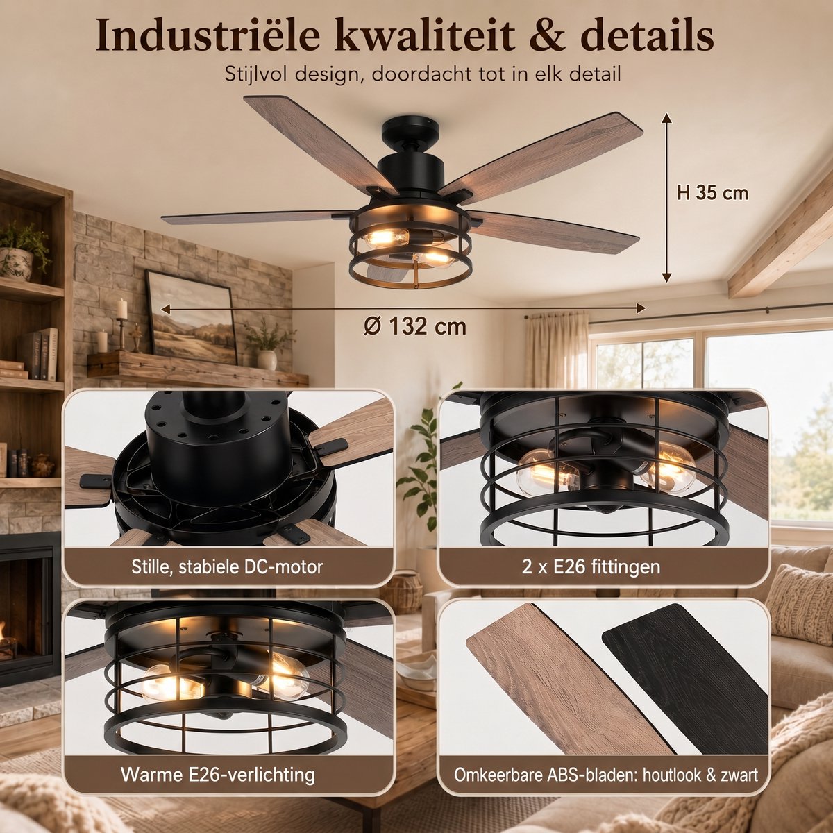 MUPOO 132cm Plafondventilator - DC Motor, Zomer/Winterstand thumbnail 3