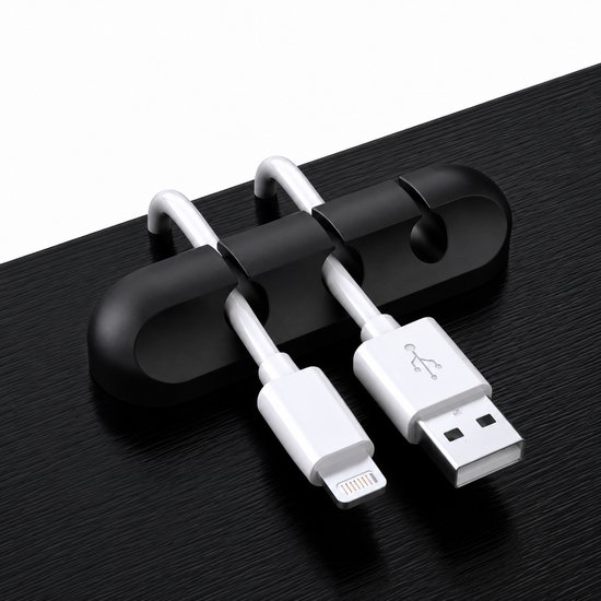 Zwarte kabelhouder met 3 sleuven voor witte USB-kabels.
