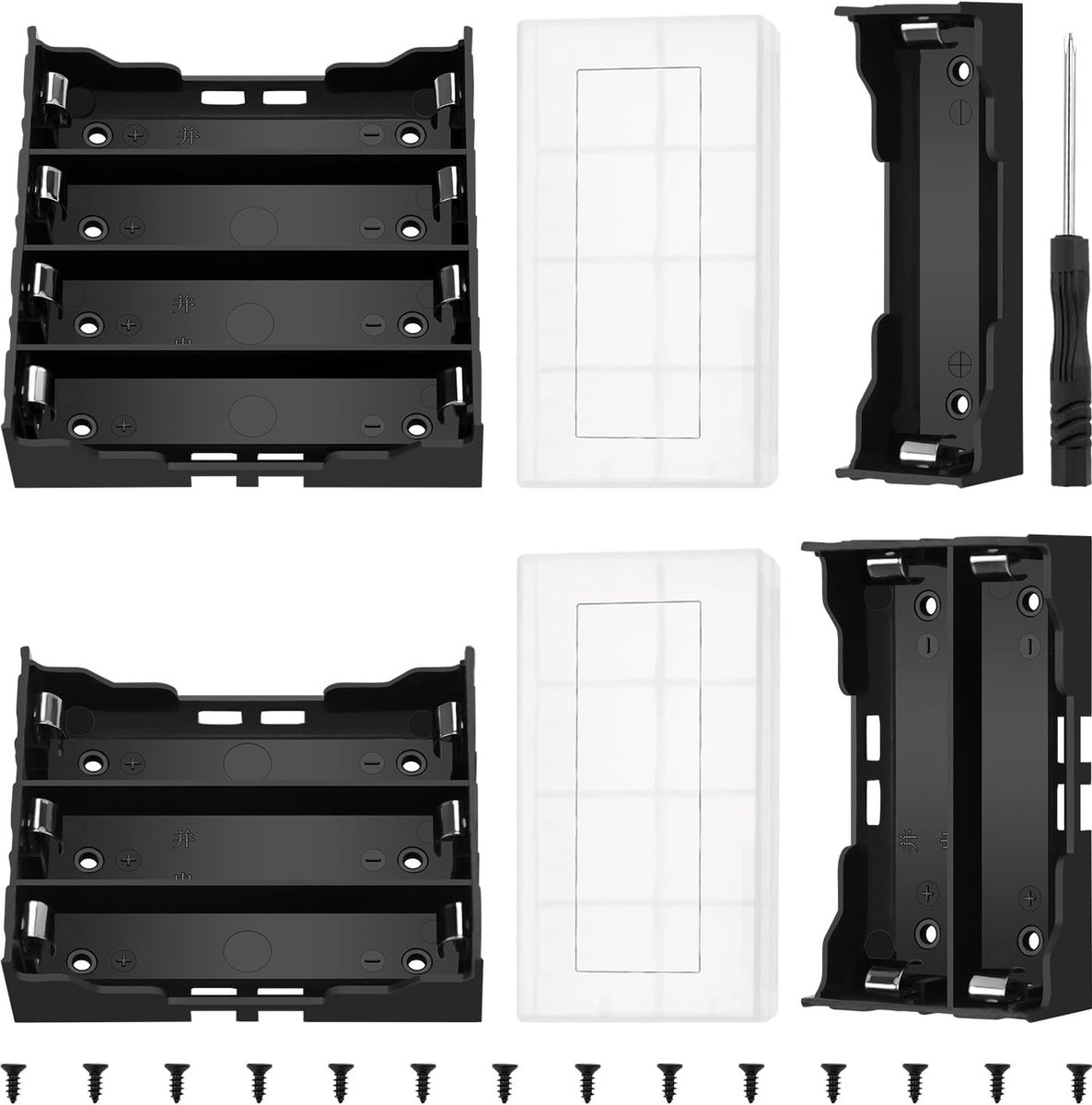 ONF3 - 4 Stuks 18650 Batterijhouders Sets - Batterij Opbergdoos - Zwart - Met Pin - Inclusief Schroevendraaiers - Voor 18650 Batterijen