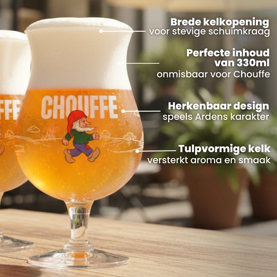 Twee Chauffé bierglazen met stevig schuim en het kabouterlogo. Tekst: 'Herkenbaar design, speels Ardens karakter'