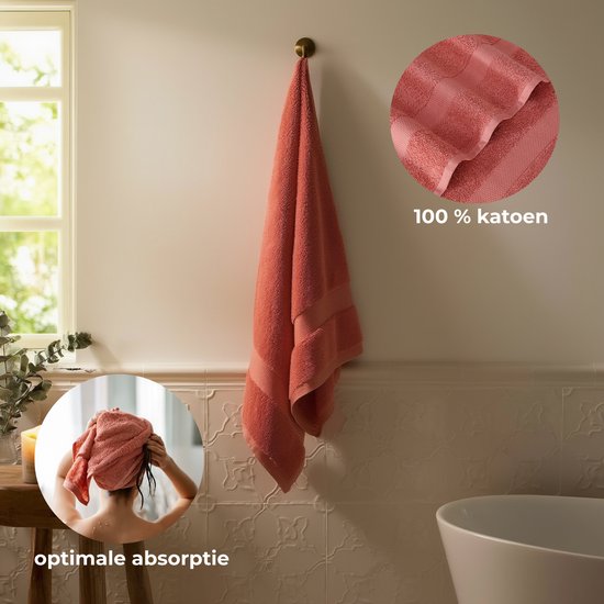 HUSH Living Badhanddoek - per stuk - 70×140 cm - 100% katoen - zware kwaliteit 500g/m2 - stijlvol boord en ophanglus - koraal
