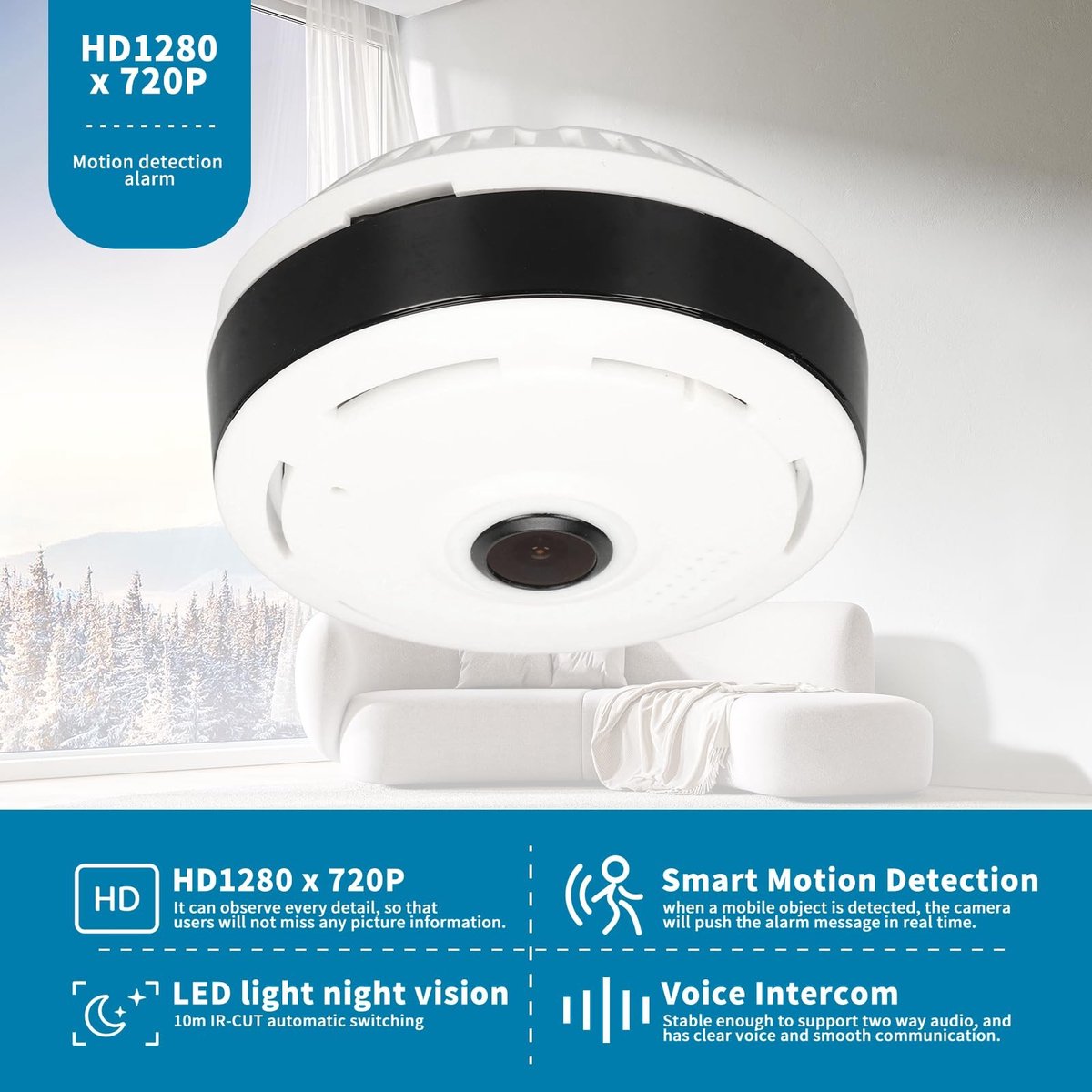 aladdien - Fisheye-beveiligingscamera - 360 Graden - Nachtzicht - Wit - Bewegingsdetectie - Tweeweg Audiocamera - Geschikt voor Thuis en Kantoor