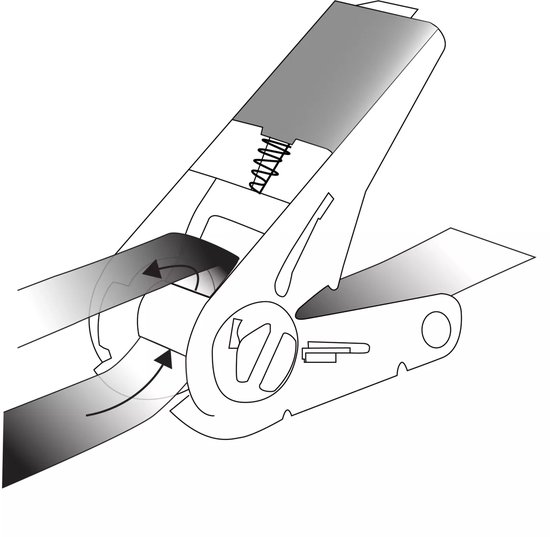 Schematische tekening van een ratelmechanisme met pijlen die de beweging van de band aangeven.