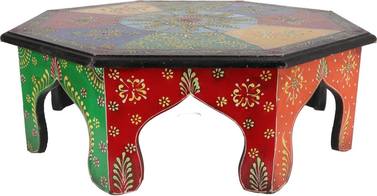 Kleine Houten Tafel - Mini Tafel Bloemenbankje - Decoratief Gebruik - Handgeschilderd Ontwerp - 46 cm Diameter - Multicolor