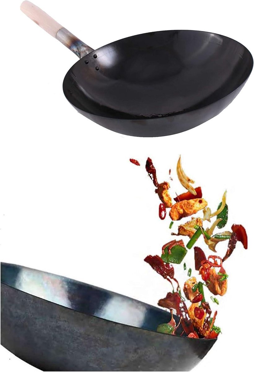 Wokpan Ronde Bodem - Koolstofstaal Wok - Aziatisch Koken - Robuust Werkapparaat - 40 cm Diameter - Zwart