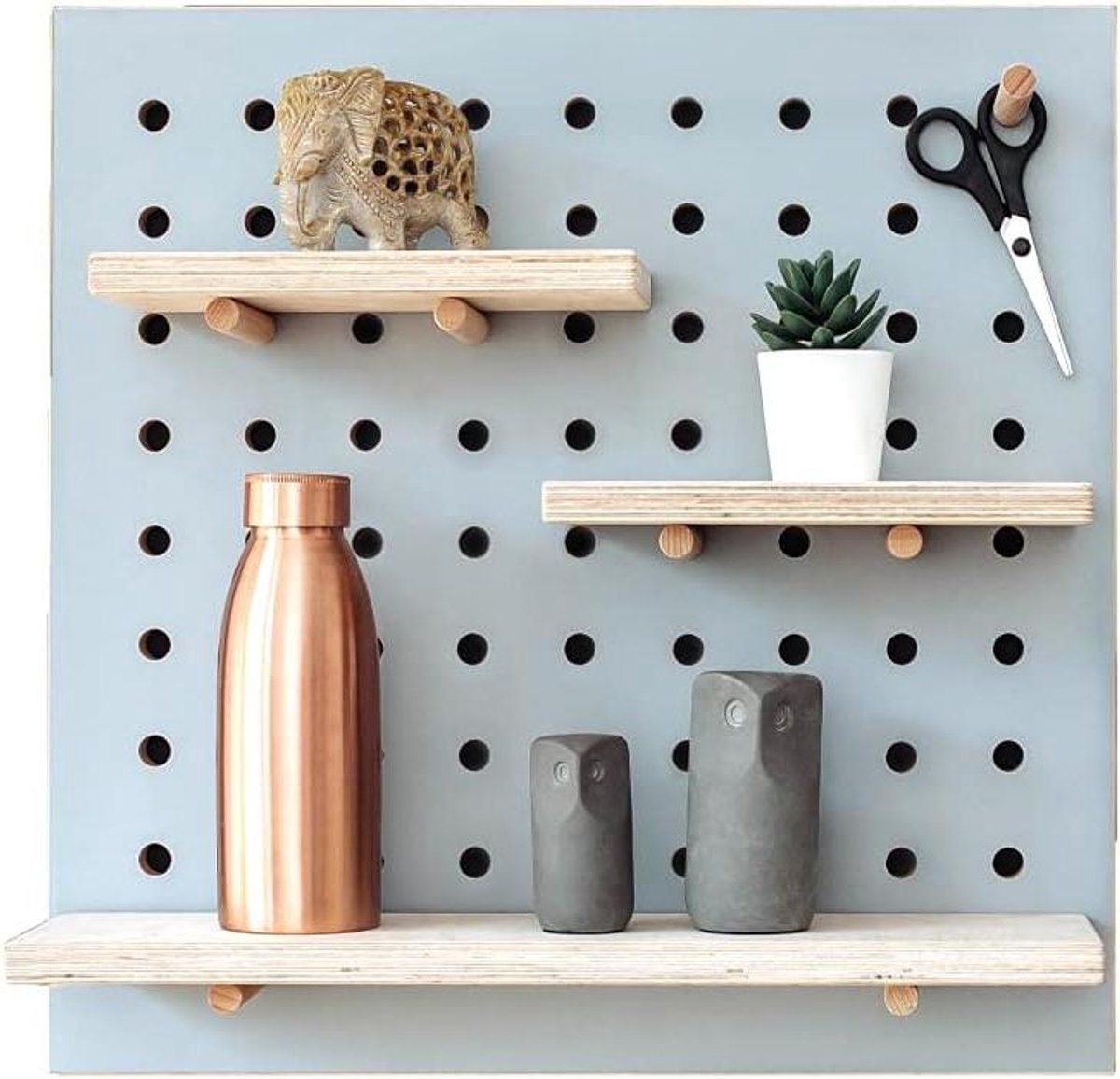 Houten Wandrek - Pegboard Organizer - Ruimte Ordenen - Handgemaakt Design - 50 x 50 cm - Grijs