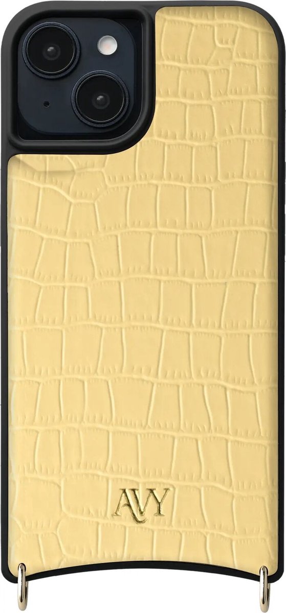 AVY Leren Hoesje geschikt voor Apple iPhone 15 | Compatibel met MagSafe | Leather Case | Back Cover | Haakjes voor koord | Croco Geel