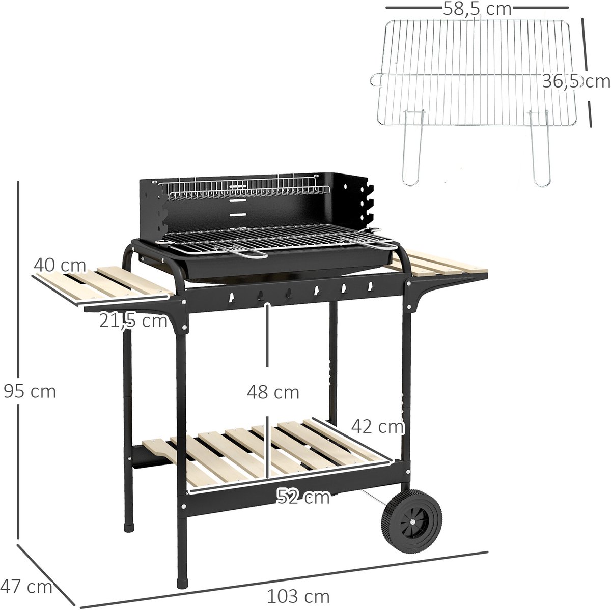 Houtskoolbarbecue van metaal BBQ-smoker met wielen, in hoogte verstelbaar grillrooster, houtrek 103x47x95 cm Zwart – foto 4