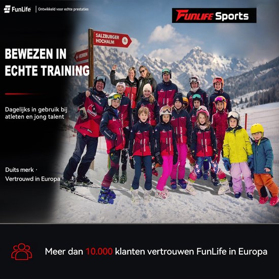 Groep skiërs met een instructeur in de sneeuw met een Funlife banner.