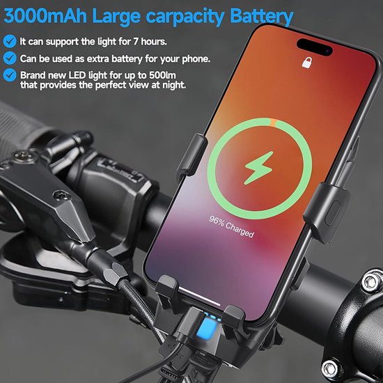 VHV - Fiets telefoonhouder met lamp - USB fiets voorlicht - LED koplamp met houder 500 lumen 3000 mAh 3 standen - voor navigatie, woon-werkverkeer en fietsen — afbeelding 4