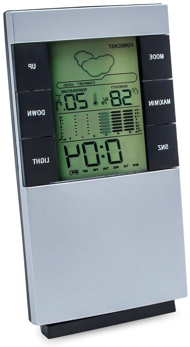 Digitaal Weerstation - Hygrometer Klok - Binnenklimaat Monitoren - 4-Traps Weersvoorspelling - 14 x 8 cm - Zilver/Zwart
