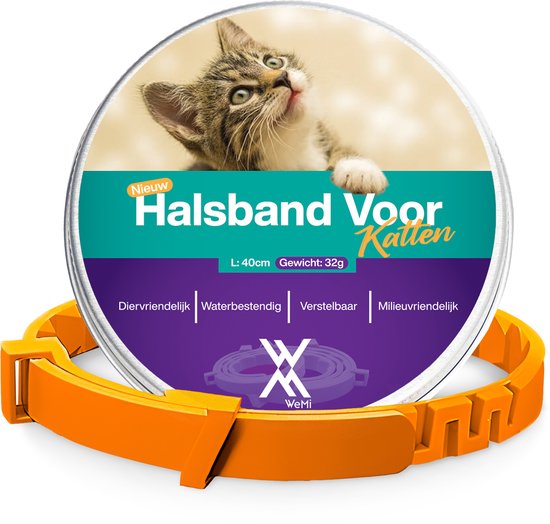 Oranje verstelbare kattenband op de verpakking met een kitten erop.