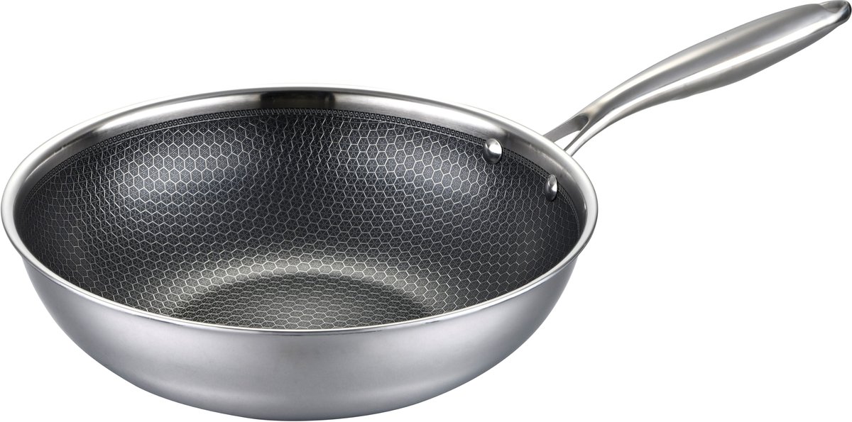 ENRICO - wokpan Ø28 - Roestvrij - Stalen Anti-Aanbakpan - PFAS en PTFE vrije wokpannen - Geschikt voor alle warmtebronnen, inclusief inductie - 28 cm