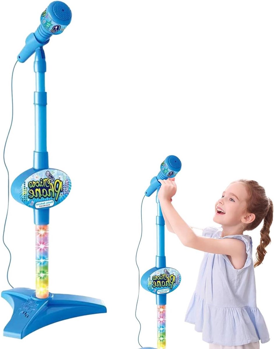 Kindermicrofoon Met Standaard - Karaokemicrofoon Muziekspeelgoed - Zingen En Optreden - Knipperende Podiumverlichting - Tot 88cm Hoog - Blauw
