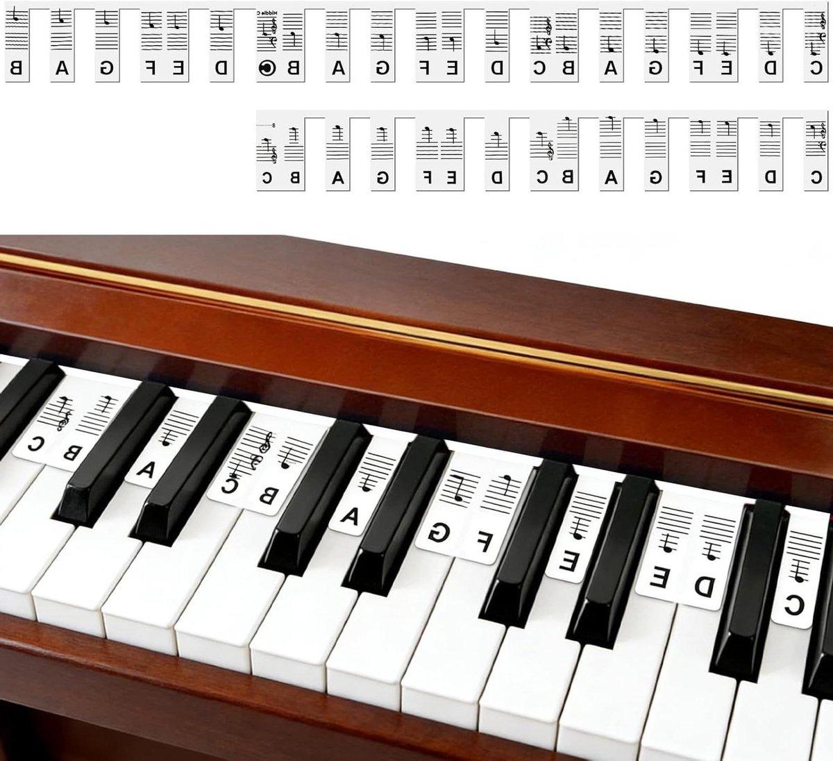 Pianotoetsen Etiketten - Pianonoten Stickers - Muziek Leren - Zonder Lijm - 61 Toetsen - Wit