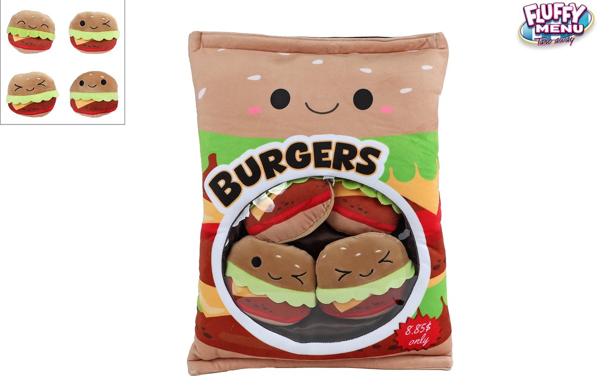 Van Manen pluche speelgoed hamburger zak met 4 hamburgers 40cm.