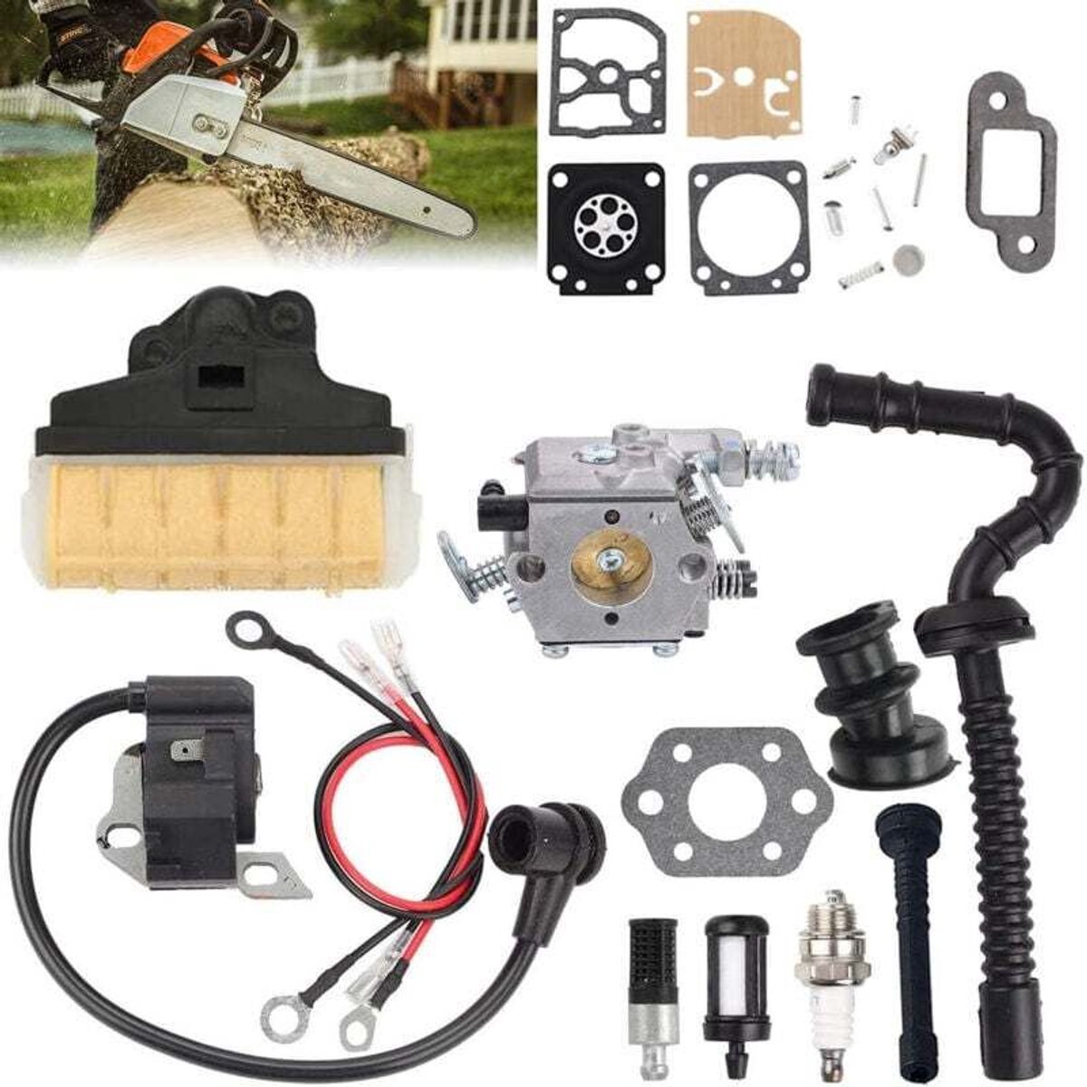 Carburateurs geschikt voor Stihl 021 023 025 MS210 MS230 MS250 kettingzagen, inclusief luchtfilters geschikt voor de 1123 160 1650, bobines, brandstofleidingen en afstelsets; ook geschikt voor Walbro WT286 carburateurs.